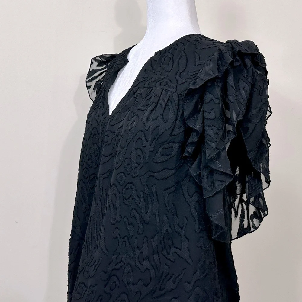 NWOT Anna Cate Black w Lace Overlay Ruffle Sleeves V-Neck Collar Pullover Top M - Picture 2 of 14